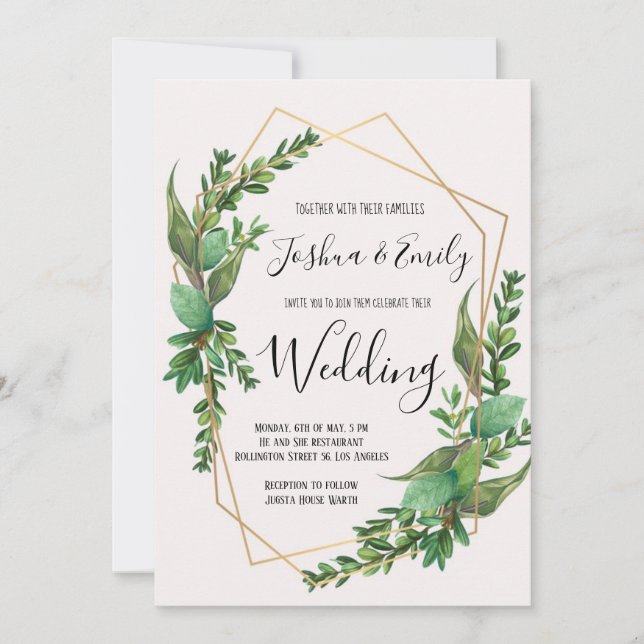 Invitación Verdor Boda geométrico florístico botánico (Anverso)