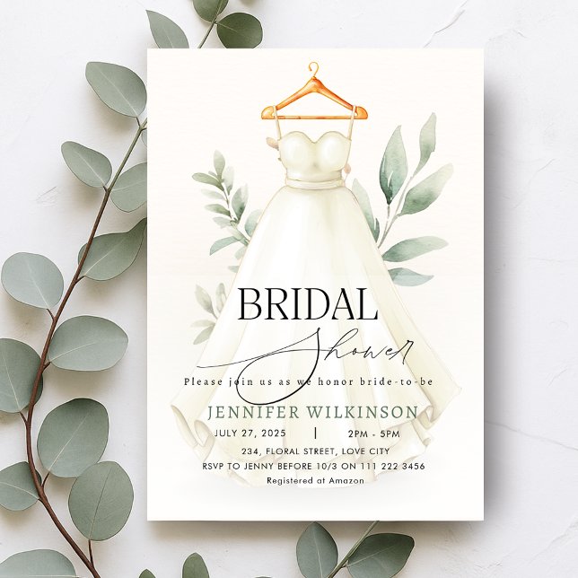 Invitación Verdor Boda vestido vestido vestido vestido vestid (Greenery Wedding Gown Dress Bridal Shower Invitation)