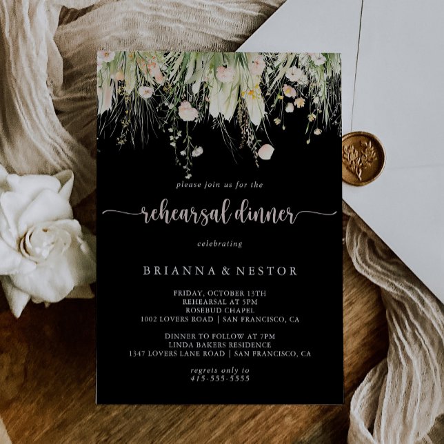 Invitación Verdor Boho Flor silvestre Negro Ensayo Cena (Subido por el creador)