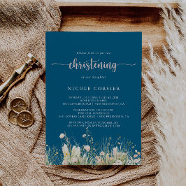 Invitación Verdor Boho Navy Wildflower Christening