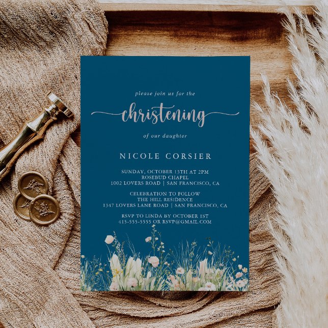 Invitación Verdor Boho Navy Wildflower Christening (Subido por el creador)