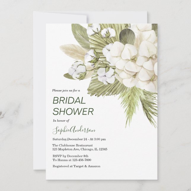 Invitación Verdor Boho Pampas Ducha de novias de hierba (Anverso)