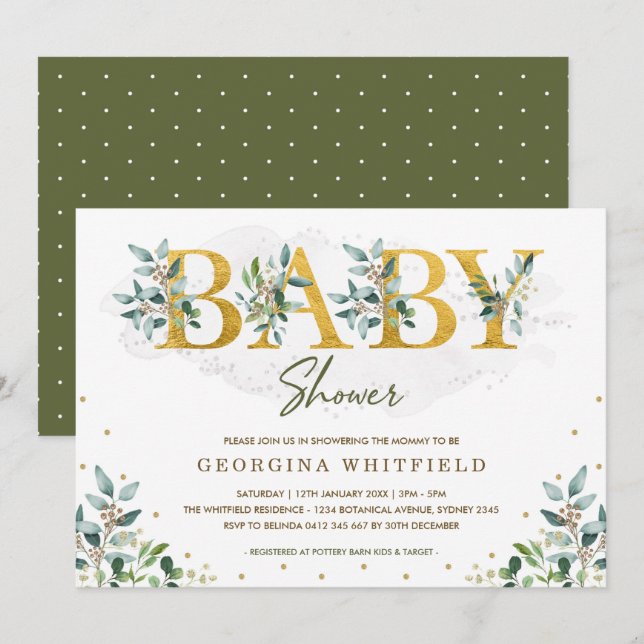 Invitación Verdor botánico Baby Shower / hojas de oro verde (Anverso / Reverso)