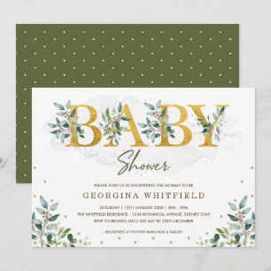 Invitación Verdor botánico Baby Shower / hojas de oro verdes