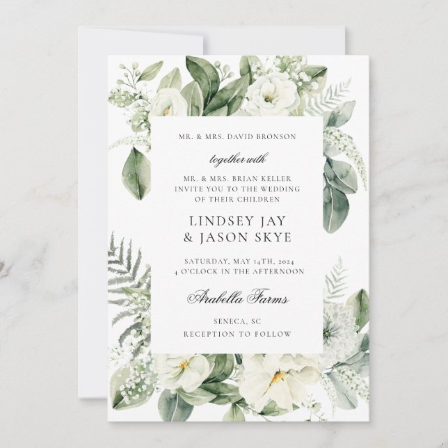 Invitación Verdor botánico Boda Floral Blanca (Anverso)