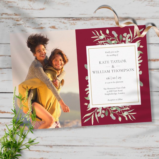 Invitación Verdor botánico Burgundy Gold Photo Boda (Subido por el creador)