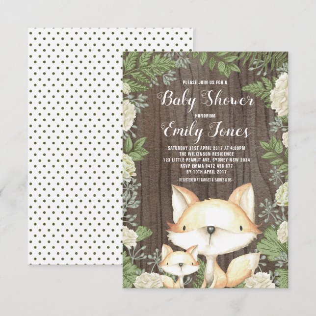 Invitación Verdor botánico de Baby Shower de Fox Rústica (Anverso / Reverso)