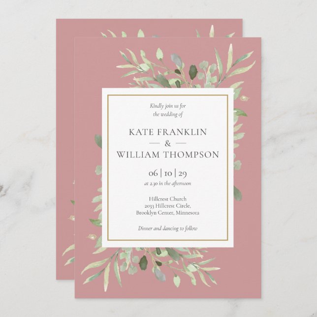Invitación Verdor Botánico Dusty Rosa Todo En Un Boda (Anverso / Reverso)