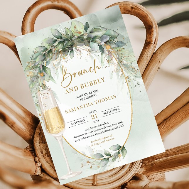 Invitación Verdor botánico moderno y brunch dorado y burbujea (Rustic watercolor eucalyptus greenery gold brunch and bubbly invitation digital)