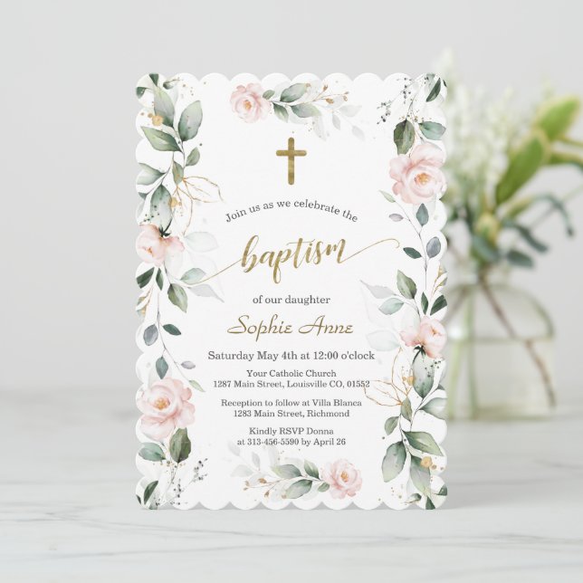 Invitación Verdor caprichoso Oro Floral Rosa Baptismo (Anverso de pie)