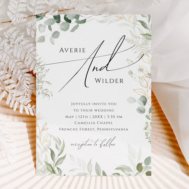 Invitación Verdor caprichoso y Boda de oro Wreath Casual (Subido por el creador)