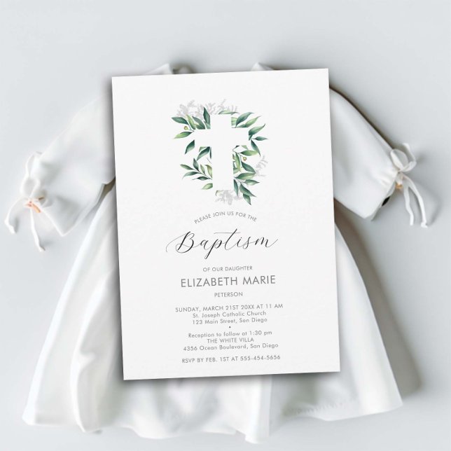 Invitación Verdor cruza el bautismo infantil verde blanco (baby child baptism christening invitation white cross greenery botanical foliage watercolor elegant )
