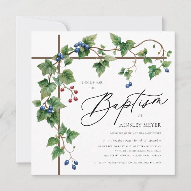 Invitación Verdor cubierto bautismo cruzado Christening (Anverso)