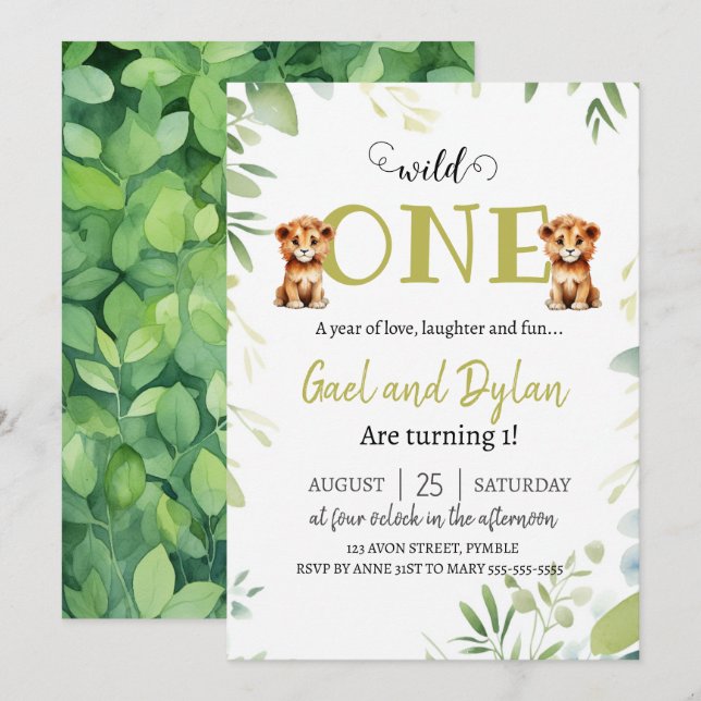 Invitación Verdor Cute Cubs de León Gemelos Niños Primer Cump (Anverso / Reverso)