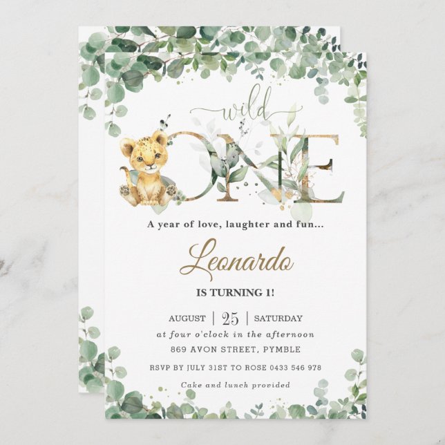 Invitación Verdor Cute de León Niño 1 cumpleaños salvaje 1 (Anverso / Reverso)