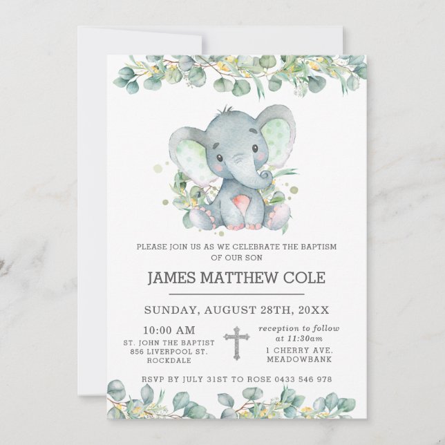 Invitación Verdor Cute Elephant Baptism Christening (Anverso)