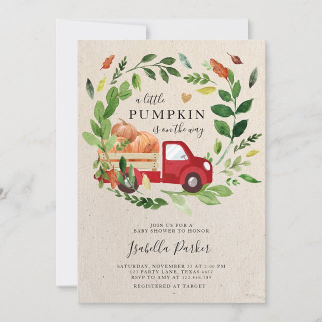 Invitación Verdor de caída del camión de calabaza Baby Shower (Anverso)