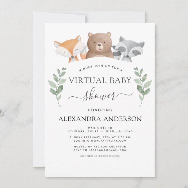 Invitación Verdor de Eucalyptus de Baby Shower Woodland Virtu (Anverso)