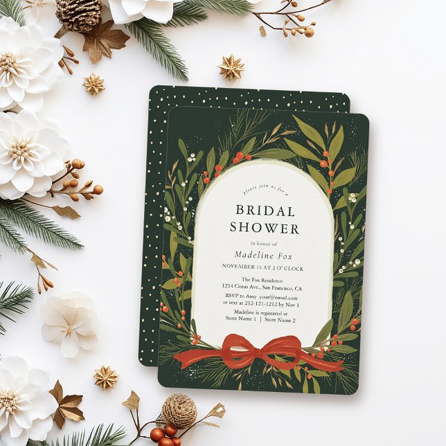 Invitación Verdor de invierno Wreath Red Bow Green Bridal Sho (Subido por el creador)