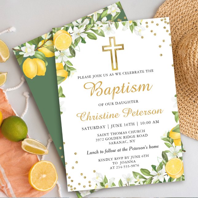 Invitación Verdor de limón de verano Baptismo cruzado de oro (Subido por el creador)