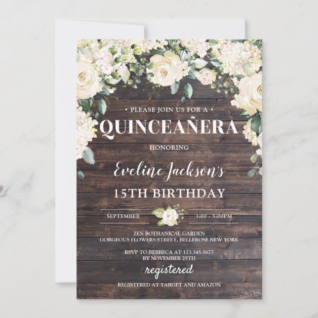 Invitación Verdor de madera rústico boho floral blanco Quince (Anverso)