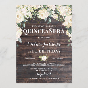 Invitación Verdor de madera rústico boho floral blanco Quince