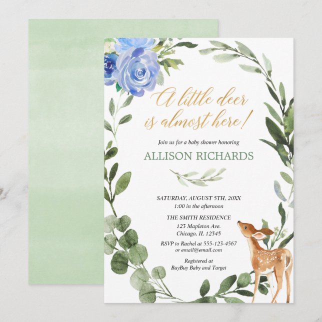 Invitación Verdor de oro azul pequeño venado bebé ducha (Anverso / Reverso)