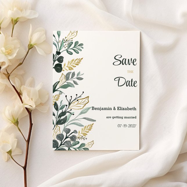 Invitación Verdor de oro de acuarela botánica Guardar la fech (Botanical watercolor gold greenery Save the Date)