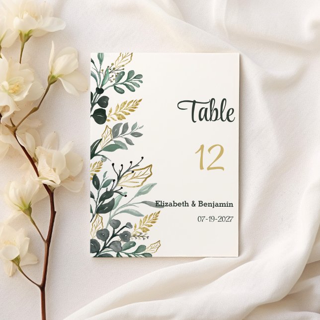 Invitación Verdor de oro de acuarela botánica Tabla Números (Botanical watercolor gold greenery Table Numbers)