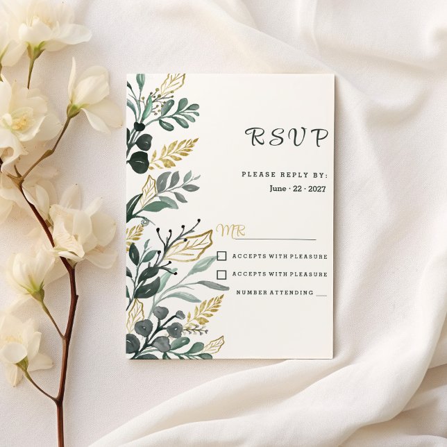 Invitación Verdor de oro verde de acuarela botánica RSVP (Botanical watercolor green gold greenery RSVP)