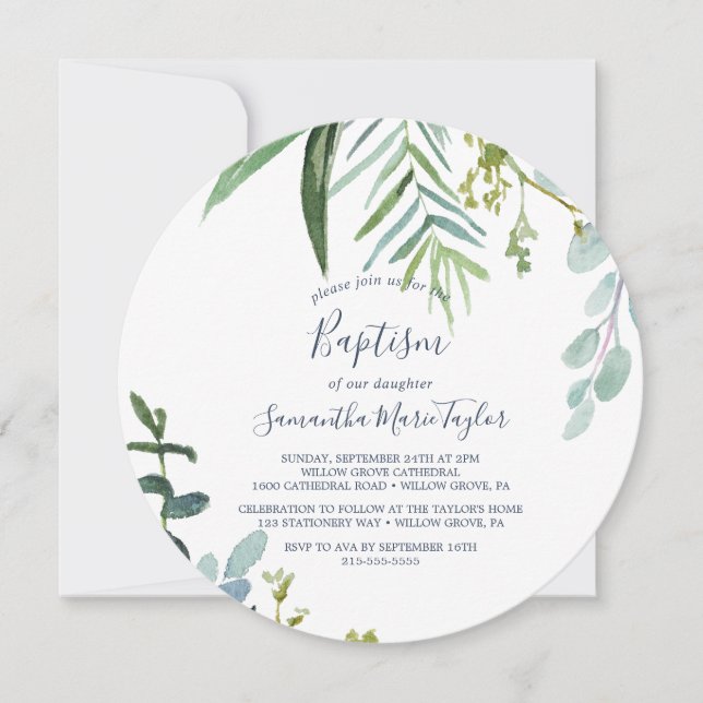 Invitación Verdor de verano baptismo redondo (Anverso)