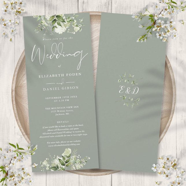 Invitación Verdor Detalles florales Elegante Boda verde sabio (Greenery Floral Details Elegant Sage Green Wedding Invitation)