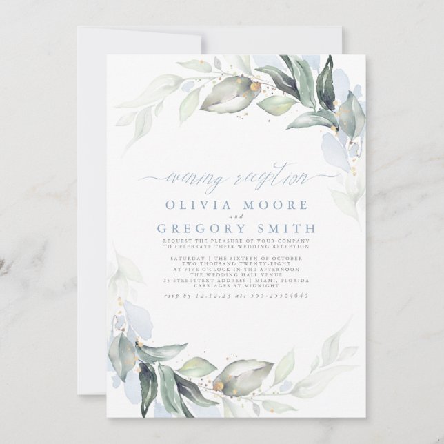 Invitación Verdor Dusty Blue Elegante Recepción nocturna (Anverso)