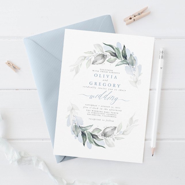 Invitación Verdor Dusty Blue Modern Elegant Wedding (Dusty Blue and Silver Greenery Wedding Invitations)