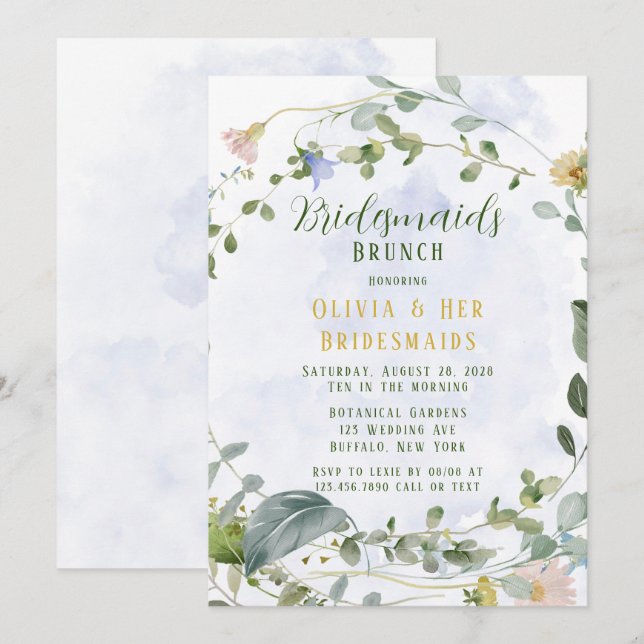 Invitación Verdor Dusty Blue Wildflower Bridesmaids Brunch (Anverso / Reverso)
