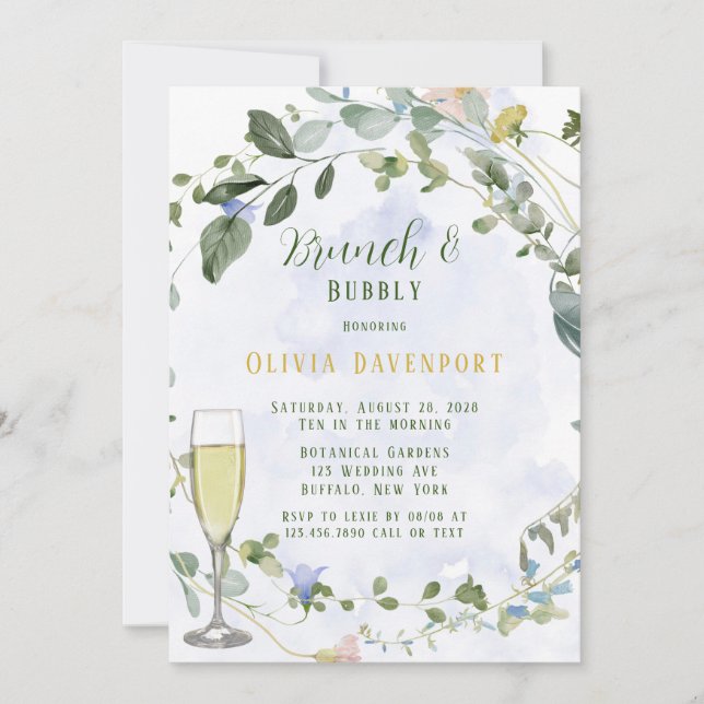 Invitación Verdor Dusty Blue Wildflower Brunch y Bubbly (Anverso)