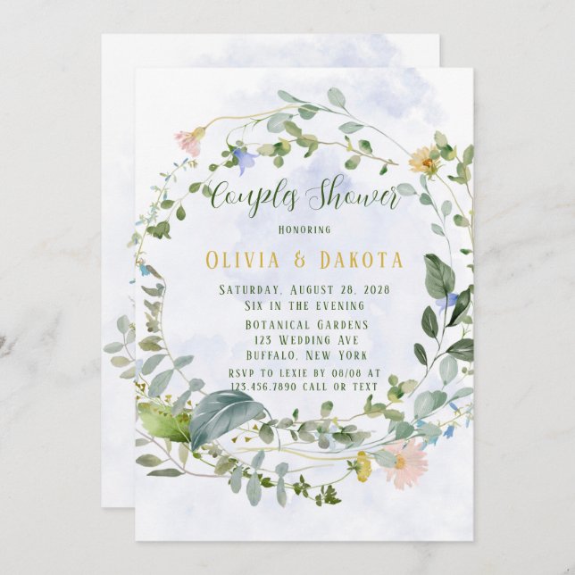Invitación Verdor Dusty Blue Wildflowers Parejas Ducha (Anverso / Reverso)
