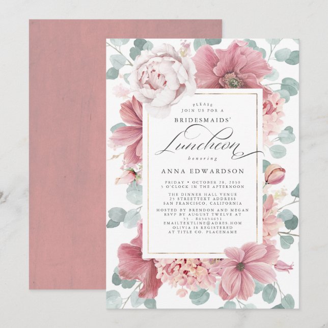 Invitación Verdor Dusty Rosa Floral Bridesmaids Luncheon (Anverso / Reverso)