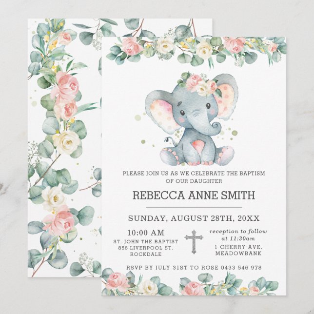 Invitación Verdor Elefante Floral Rosa Bautismo Christening (Anverso / Reverso)