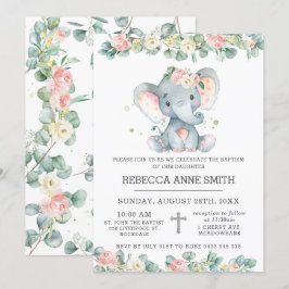 Invitación Verdor Elefante Floral Rosa Bautismo Christening