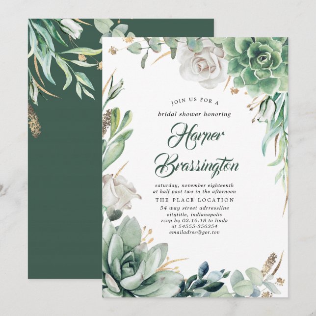 Invitación Verdor | Elegante ducha de novia en un jardín de c (Anverso / Reverso)