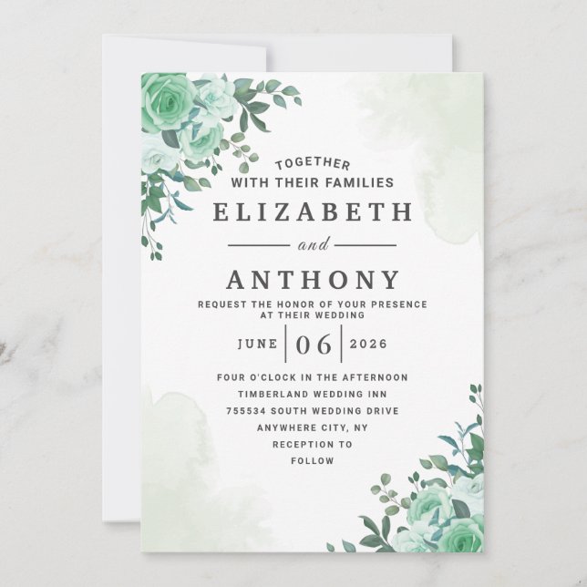 Invitación Verdor Elegante Rosa Boda de acuarela floral (Anverso)