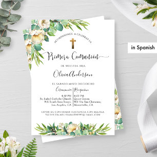 Invitación Verdor español Floral de oro blanco Primera comuni
