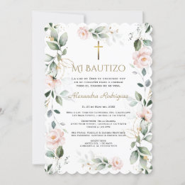 Invitación Verdor Español Floral Rosa Mi Bautizo Baptismo