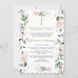 Invitación Verdor Español Floral Rosa Mi Bautizo Baptismo
