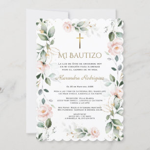 Invitación Verdor Español Floral Rosa Mi Bautizo Baptismo