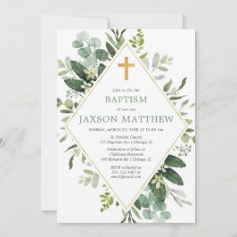 Invitación Verdor eucalipto moderno bautismo de oro verde