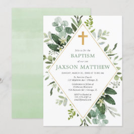 Invitación Verdor eucalipto moderno bautismo de oro verde