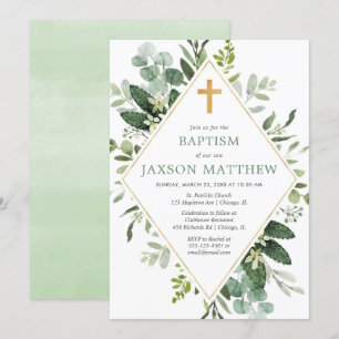 Invitación Verdor eucalipto moderno bautismo de oro verde