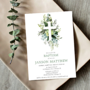 Invitación Verdor eucalipto moderno bautismo foliage verde